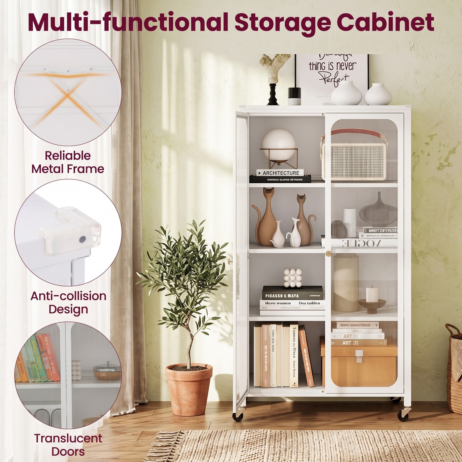 Furnibear 58 Inch Metal Bookcase with Adjustable Shelves, 4-Tier Rolling Storage Cabinet with Lockable Wheels, Transparent Doors and Anti-Tipping Kit for Home, White