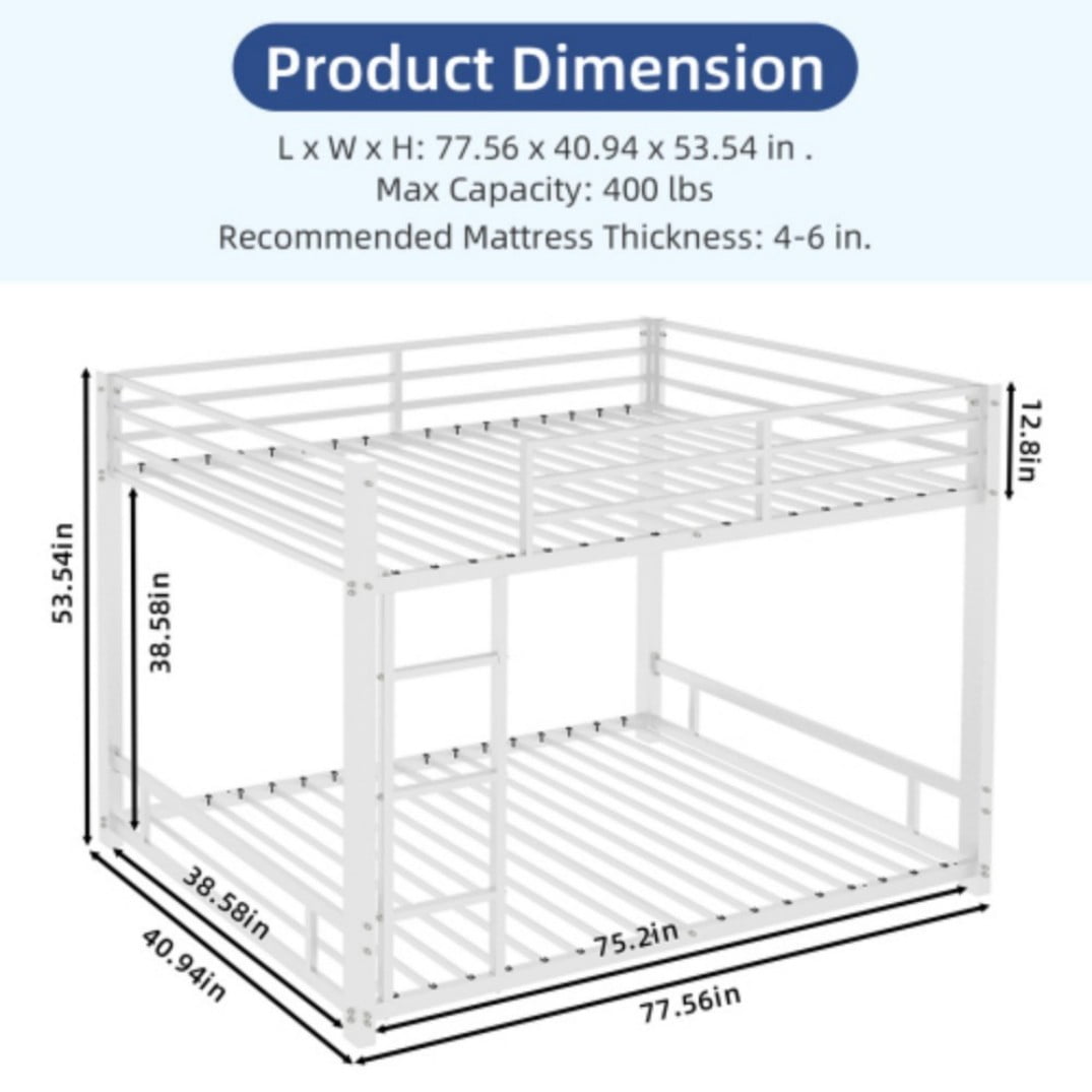 Twin Over Twin Metal Bunk Bed, Heavy-Duty Frame with 13" Guardrails, 3-Step Ladder, Noise-Reduced Slats, No Box Spring, White