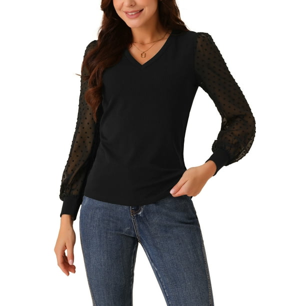 Blusas de mujer elegantes y casuales, top de cuello en V, camisetas de manga larga con puntos suizos, negro S