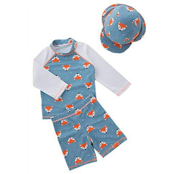 Styles I Love Boys Little Fox Rash Guard and Swim Shorts with Sun Hat 3 pcs Swimsuit Beach Swimwear (4T)