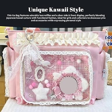 Kawaii Ita Bag with Clear Display Windows - Japanese Lace Ruffle Nylon Messenger Bag, Adjustable Strap, Y2K Cute Handbag for Pins, Badges & Accessories(XX-Pink)