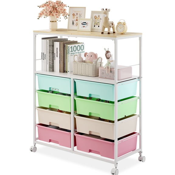 KK KINGRACK 8 Drawers Storage Cart with Wooden Top, Multipurpose Utility Rolling Cart with Opening Shelf&Wheels, Rainbow