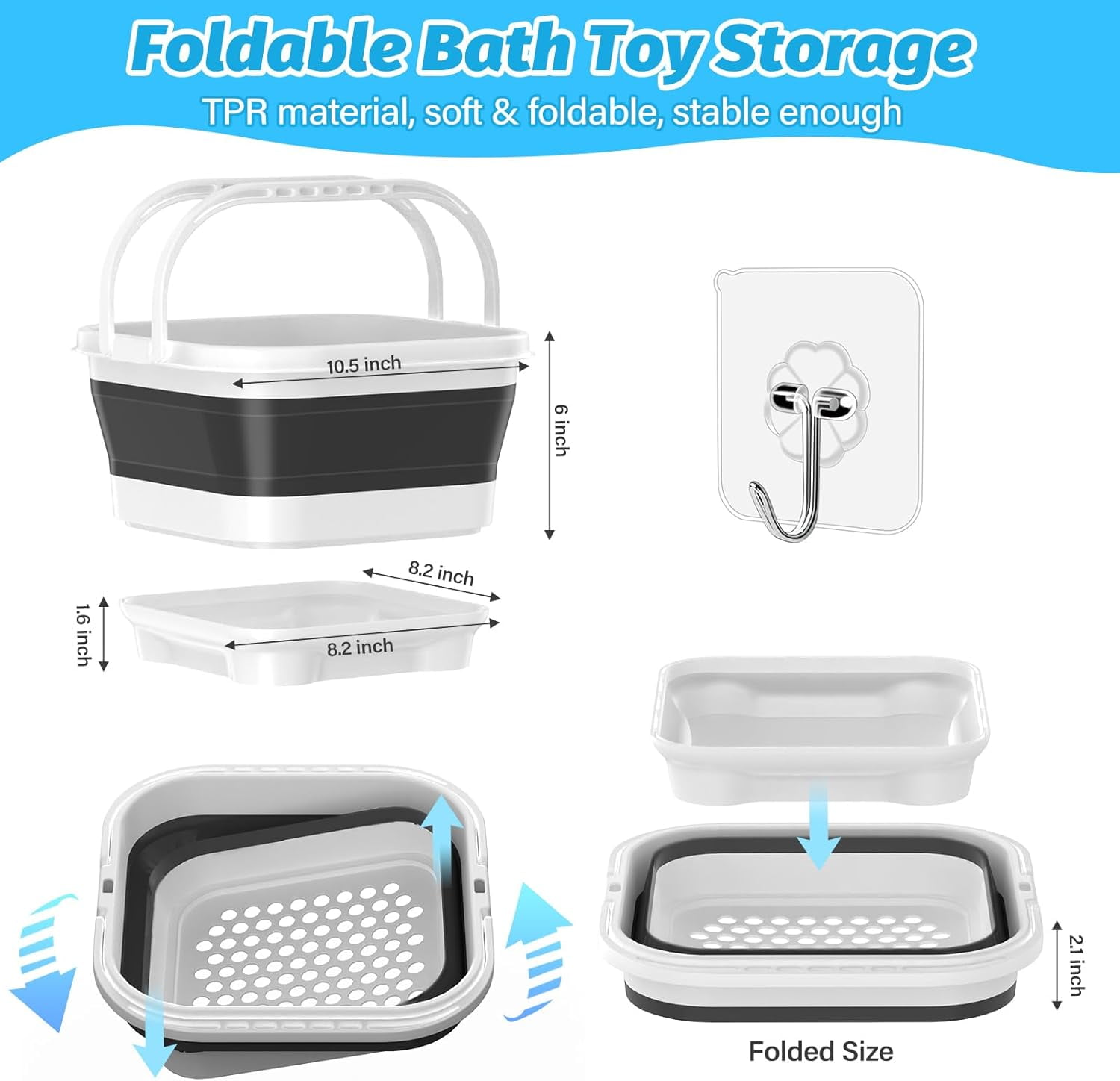 LC-dolida Bath Toy Storage Organizer, Foldable Bathtub Toy Holder Storage with Removable Base for Draining Drying, Bathroom Shower Toy Holder Baby Bath Toy Basket for Easy Storage (Black)