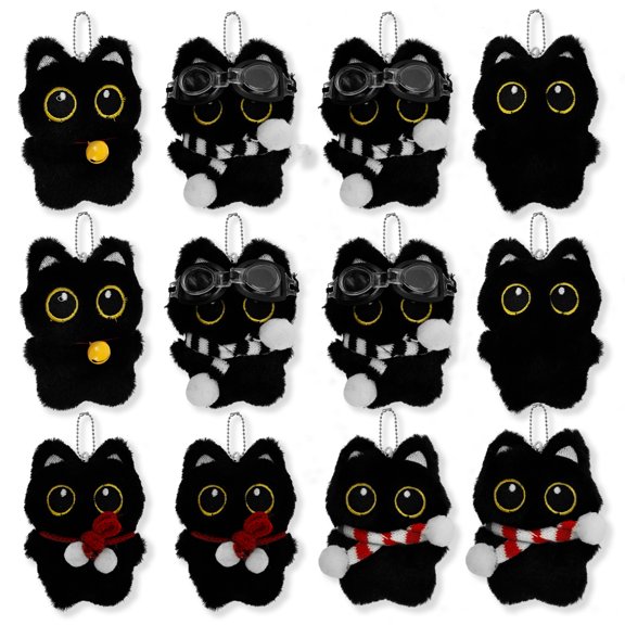 12 Pcs Black Cat Keychain with Squeaky Sound Adorable Black Cat Plush Keychain Cute Plush Bag Charm for Handbags Backpacks Wallets
