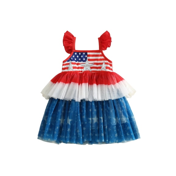 BemeyourBBs Toddler Baby Girl 4th of July Dress Outfit Little Baby Girl Patriot Independence Day Dress Red White Blue Stripe Star Print Flying Sleeve Tiered Tulle Tutu Dress Party Holiday Dresses