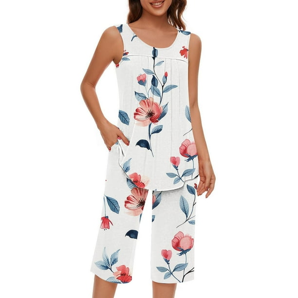Conjunto de Ropa de Estar de Mujer Cuello Redondo Impresión Blusa sin Mangas Pantalones Cortos, Pantalones de Cintura Elástica para las Mujeres