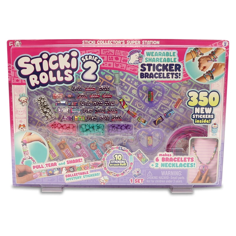 Sticki Rolls Sticki Station - DIY Sticker Jewelry Kit - 350 Mini Stickers - Builds 6 Bracelets & 2 Necklaces & 144 Beads - 1000+ Sticker Designs