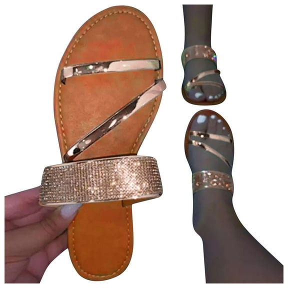 Womens Rhinestone Slide Flat Sandals Dressy Summer Strappy Flat Shoes Casual Beach Shoes