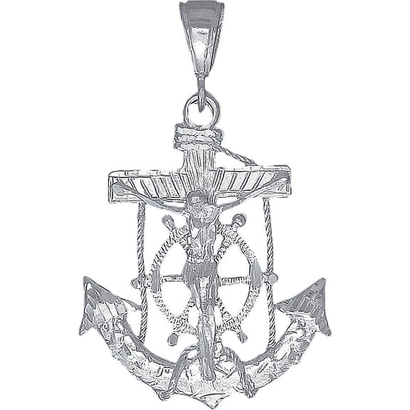 Sterling Silver Anchor Cross with Jesus Pendant Necklace with Diamond Cut Finish and 24 Inch Figaro Chain