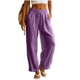 thumbnail image 3 of Women's Linen Cotton Loose Fit Casual Long Pants, Elastic Drawstring High Waist, Soft Pockets & Solid Color, Lounge Summer Business, Womens Trousers Capris | UKHCCC,Purple S, 3 of 8
