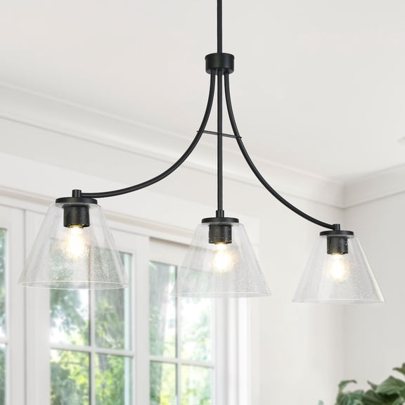 LNC Pulpmille 3 -Light 42''L Matte Black and Seeded Glass Farmhouse Seeded glass Linear Large Hanging Kitchen Island Light