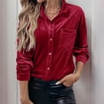 thumbnail image 2 of qelini Velvet Shirts for Women Long Sleeve Tops Basic Tee Solid Lapel Collared Button Down Dressy Formal Blouses with Pocket, 2 of 8