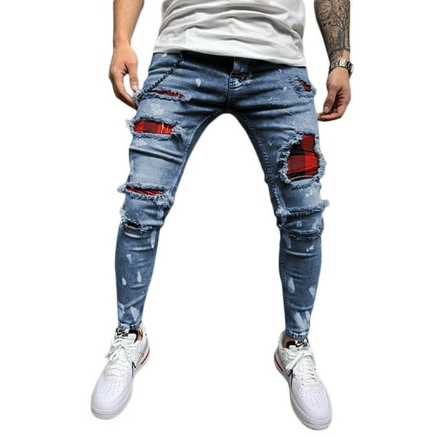 VISgogo Men’ s Ripped Jeans, Boys High Waist Trousers Close-Fitting ...