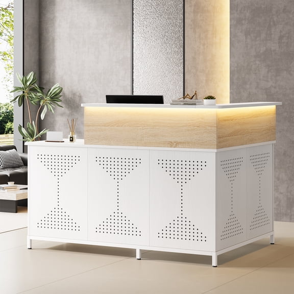 Condemo 60'' L-Shaped Reception Desk with LED Lights, Modern Front Desk, Checkout Counter Table for Office, Lobby, Cafe, Beauty Salon, White and Light Brown