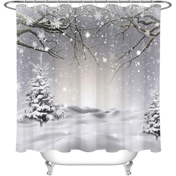Winter Shower Curtains for Bathroom,Snowflake Pine Tree Branch Snow Scene Shower Curtain Set with 12 Hooks,72x84 inch Extra Long Polyester Fabric Waterproof