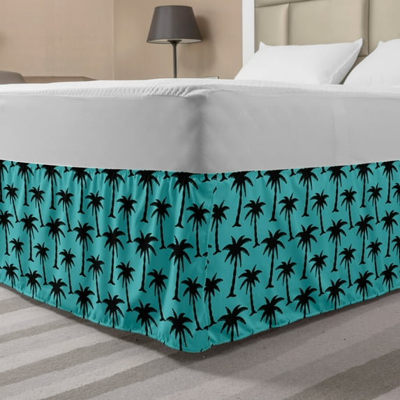 Palm Tree Bed Skirt, Black Silhouettes of Coconut Trees in Cartoon Style on Turquoise Backdrop, Elastic Bedskirt Dust Ruffle Wrap Around for Bedding Decor, 4 Sizes, Turquoise Black, by Ambesonne