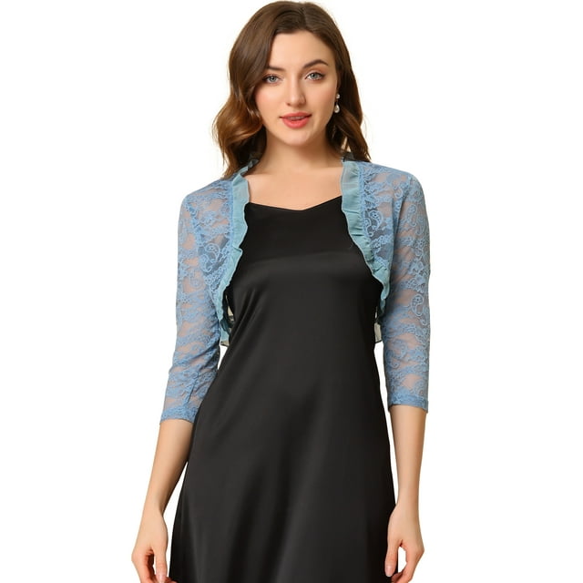 INSPIRE CHIC Boléro en Dentelle Élégant pour Femme à Col Volanté, Manches 3/4, devant
