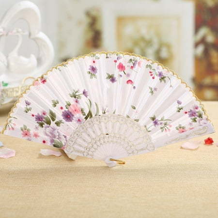 

ERTUTUYI Chinese Style Dance Wedding Party Lace Silk Folding Hand Held Flower Fan White
