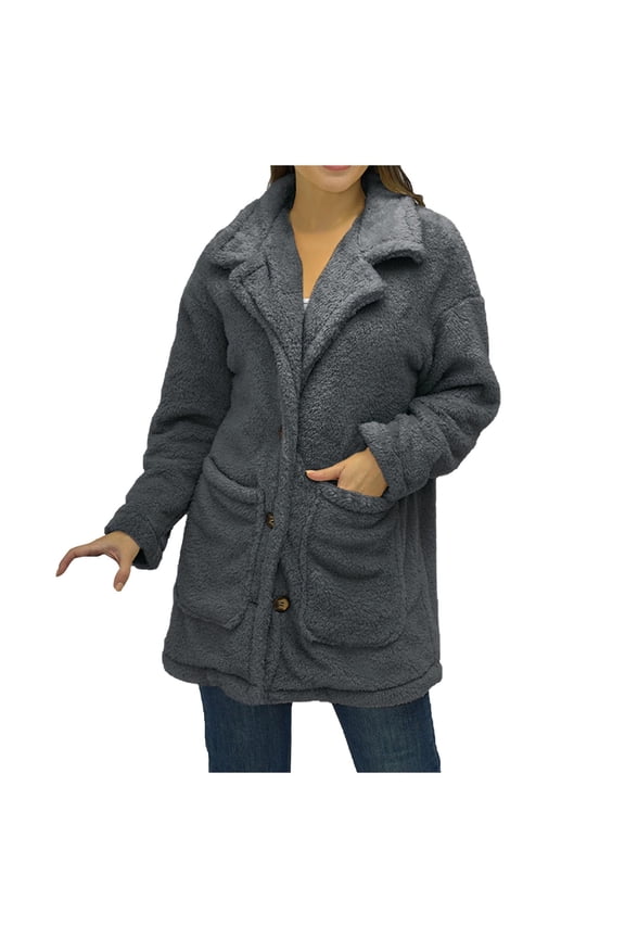 Women's Shearling Jacket Long Sleeve Solid Color Notch Lapel Outwear, Leisure Large Lapel Thickened Plush Jacket
