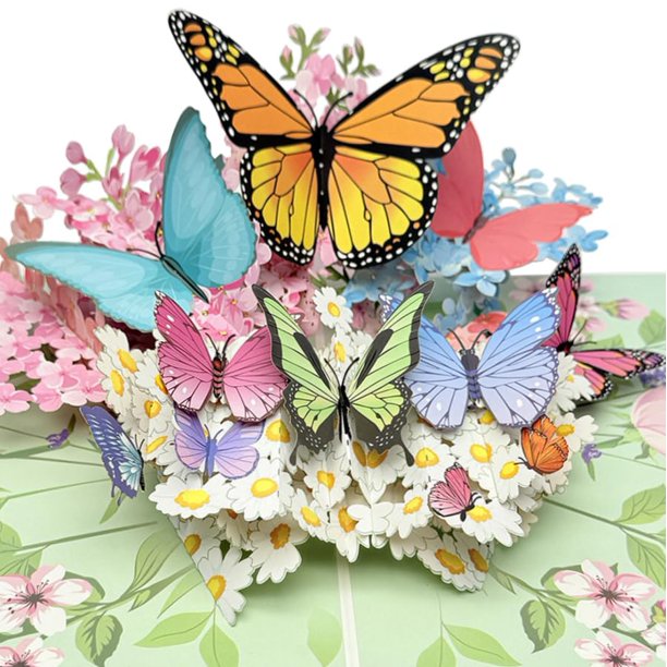 Tarjeta de felicitación CawrdWhish ramo de flores y mariposas 3D