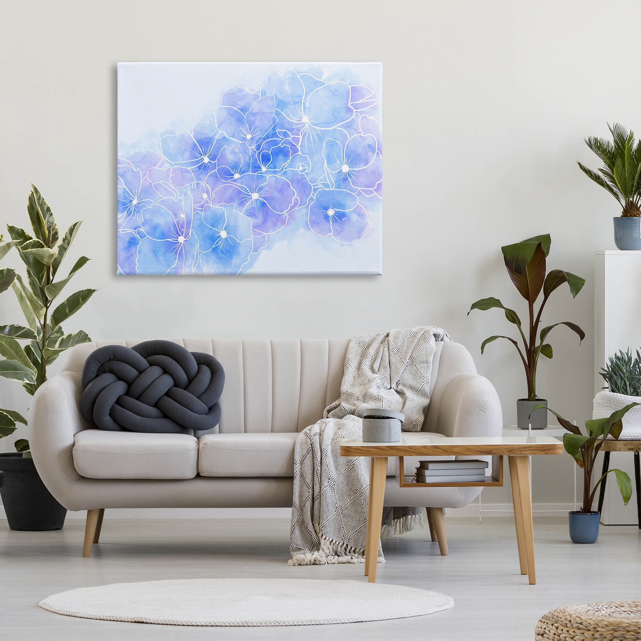 Pastel Blue Flower Outlines Botanical & Floral Graphic Art Gallery Wrapped Canvas Print Wall Art