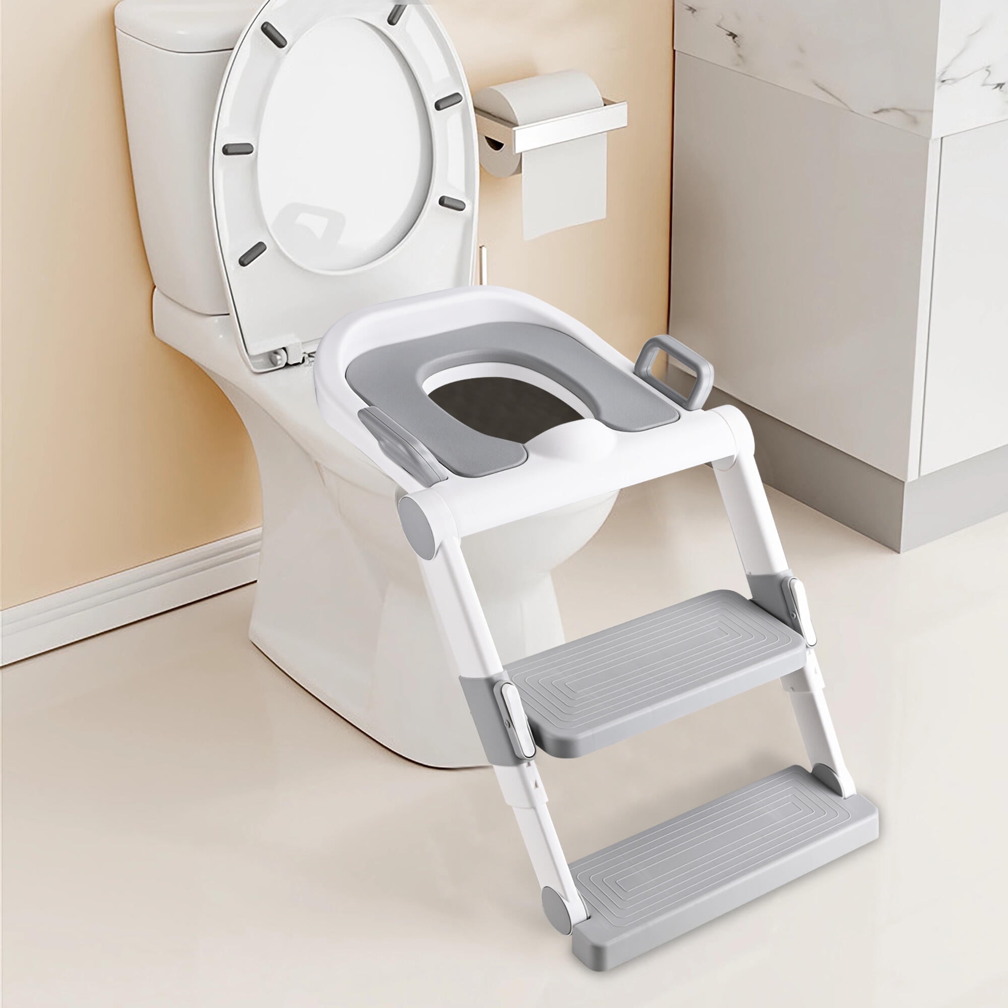 LIVINGbasics 2 in 1 Folding Potty Training Seat with Non Slip Step Stool Ladder and PU Cushion Grey Walmart