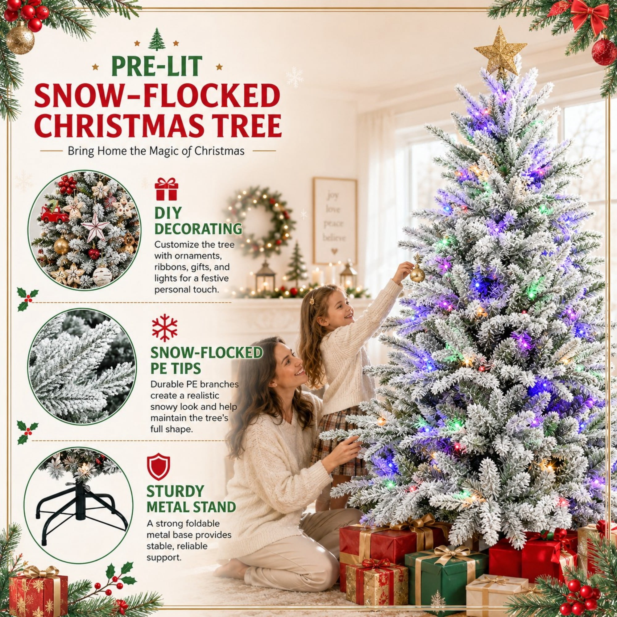 DEALTOPS 4 FT Snow-Flocked Pre-Lit Artificial Christmas Tree with 100 Color-Changing 9-Mode LEDs, 739 Tips