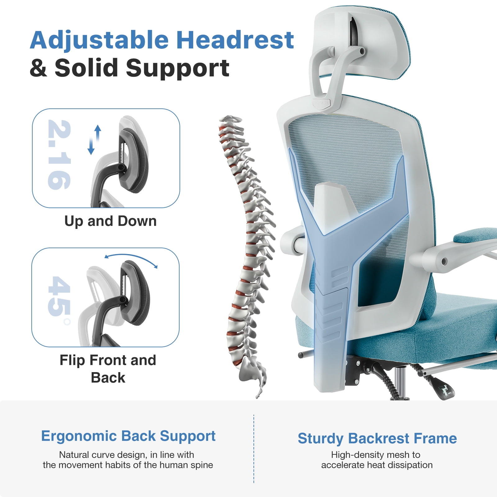 CONCETTA Ergonomic High-Back Mesh Office Chair with Footrest, Headrest, Lumbar Support, and Armrests, Reclining Computer Desk Chair on Wheels for Home Office Tasks, Blue