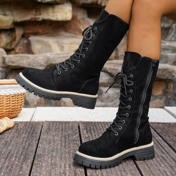 Miqool Womens Faux Leather Lace Up Mid Calf Boots Round Toe Lug Thick Sole Low Block Heel Shoes