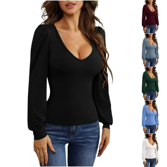 Nmnitkp Women's Tops Long Sleeve Comfortable and Soft Shirts for Women Scoop Neck Fitted Casual Tops Tee Slim Basic Shirts Black,L