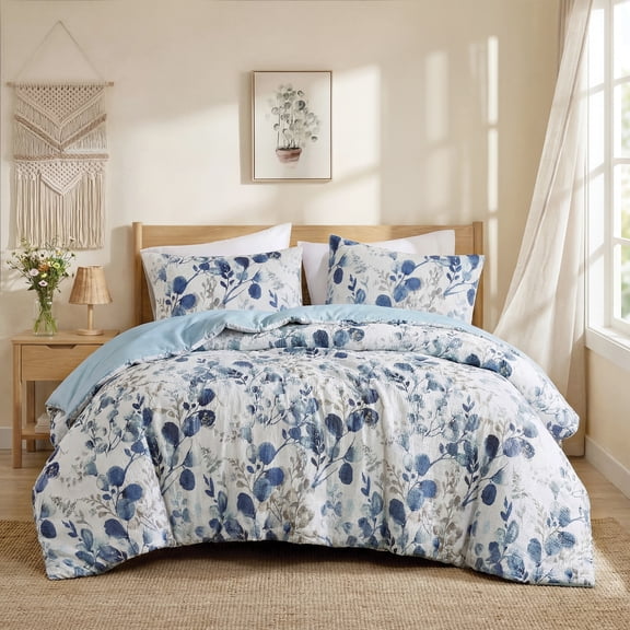 Regency Heights Full/Queen Comforter Sets, Reversible Seersucker Floral Bedding Sets, 3 Piece Lightweight Navy/Blue Botanical Flowers Comforter Bed Set with Pillow Shams
