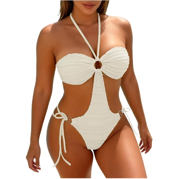 One Piece Cut-Out Swimsuit for Women Backless Halter Tie String Bikini Bathing Suit Summer Travel Beach Outfits (L, White)