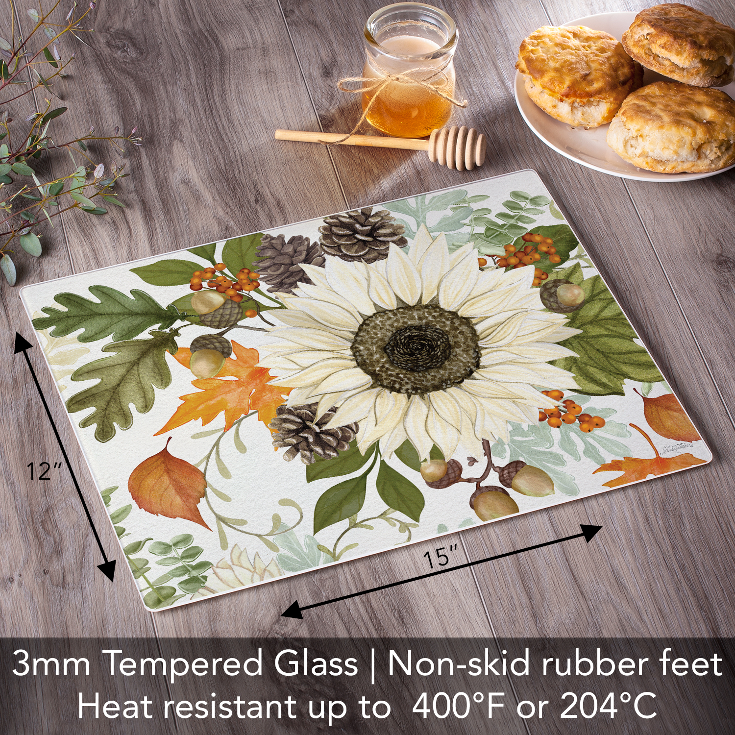 CounterArt Fall Leaves & Acorns 3mm Tempered Glass Cutting Board 15" by 12"
