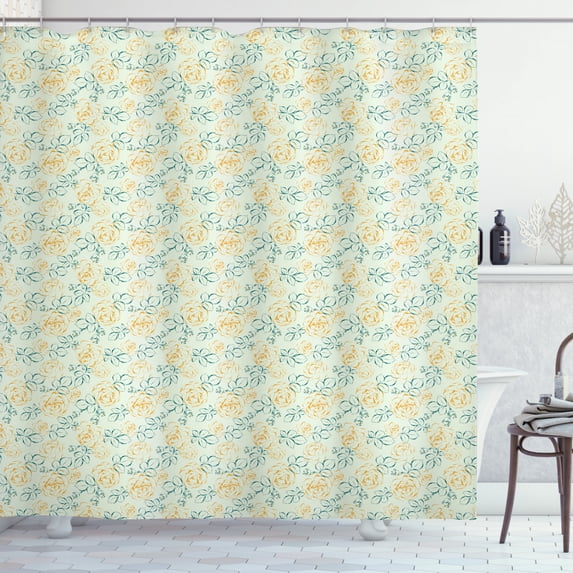 Floral Shower Curtain, Sketchy Outlines of Garden Roses and Leaves Drawn by Hand, Fabric Bathroom Set with Hooks, 69W X 70L Inches, Marigold Teal, by Ambesonne