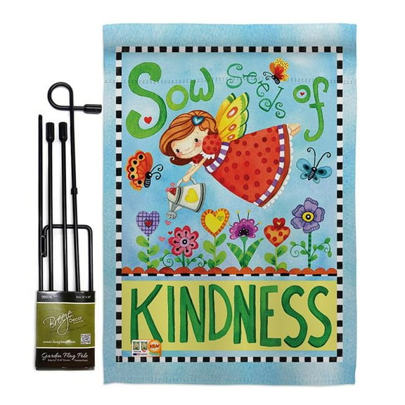 Breeze Decor BD-FL-GS-104088-IP-BO-D-US16-AL 13 x 18.5 in. Sow Seeds of Kindness Spring Floral Impressions Decorative Vertical Double Sided Garden Flag Set with Banner Pole