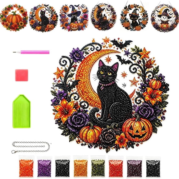 Halloween Black Cat Diamond Art Hanging Ornament Kit, DIY Acrylic Diamond Art Painting Wreath Kits Special Shaped Rhinestone Diamond Art Window Pendants Home Garden Wall Hanging Kits Hanging Ornament