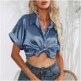 thumbnail image 2 of ATOYSOY Women's s Solid Work Office Coat Lapel V Neck Bandage Jacket Short Sleeve Cropped Cardigan Business Attire Casual Summer Trendy Satin Short Blazer Suit Versatile Blue L, 2 of 8