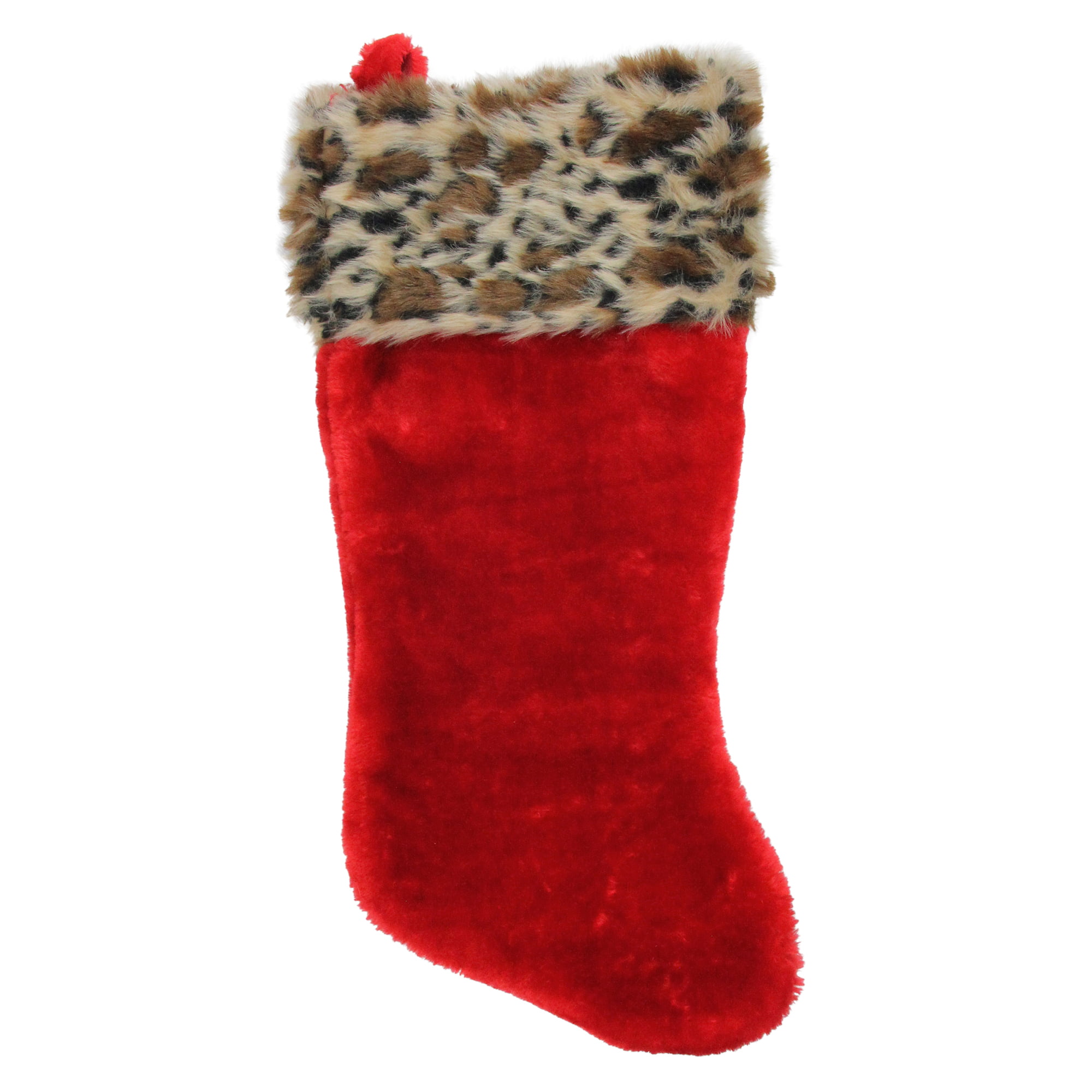 SOFT 18 INCH STOCKING WITH RED & LEOPARD ANIMAL PRINT TOP CHRISTMAS HOLIDAY NEW 