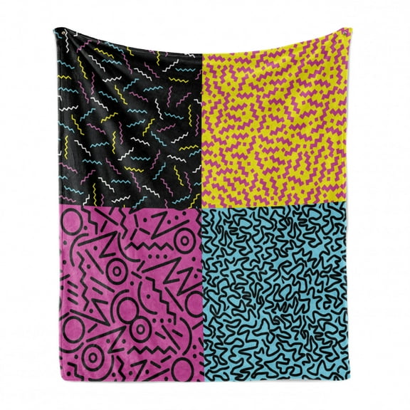 Indie Soft Flannel Fleece Throw Blanket, Vintage Eighties Fashion Style Patterns Colorful Funky Pop Unusual Doodles Print, Cozy Plush for Indoor and Outdoor Use, 60" x 80", Multicolor, by Ambesonne