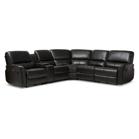 Baxton Studio Amaris Modern and Contemporary Black Bonded Leather 5-Piece Power Reclining Sectional Sofa with USB