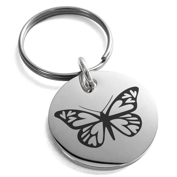Tioneer Stainless Steel Love Butterfly Engraved Small Medallion Circle Charm Keychain Keyring