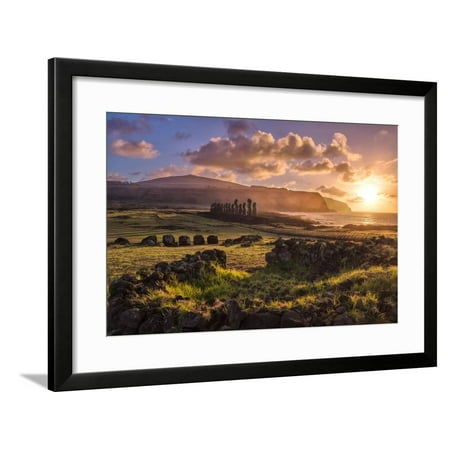 Isla De Pascua South America, Chile, Easter Island, Isla de Pascua, Moai stone human figures at sunrise Framed Print Wall Art By Christian Heeb ()