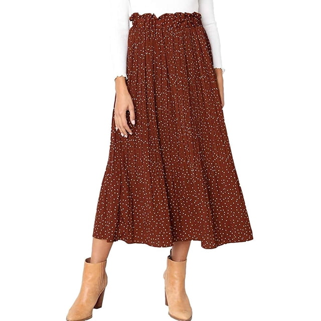 Jupe Plissée à Pois Taille Haute pour Femmes, Jupe Midi Évasée avec Poches