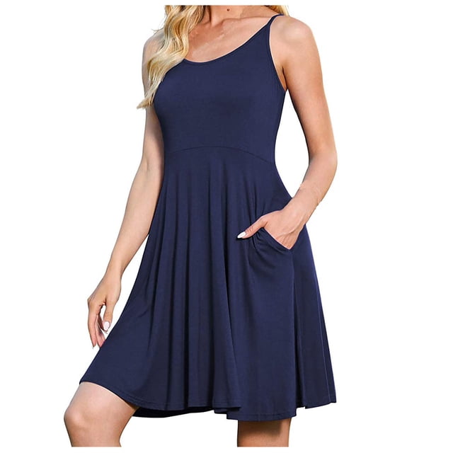 Pompotops Robe Décontractée Mode Femme Confortable Sexy Couleur Unie Col en U avec Poches Manches Courtes