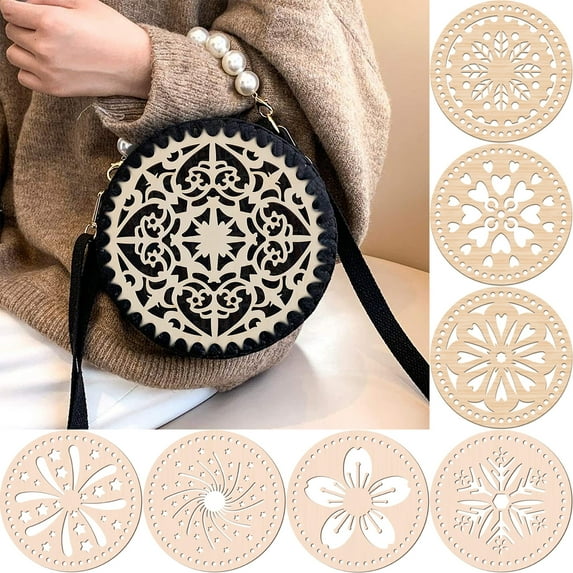 Honrane 2Pcs Crochet Wood Bases Unpainted Floral Pattern Round Hollow Knitting Wooden Basket Bottoms for Embroidery