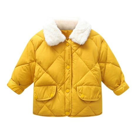 AJTQTH Cotton Clothes for Boys Girls Wool Collar Long-Sleeved Thick Jacket Kids One-Breasted Button Warm Coat Pockets Outwear for Winter Fall Yellow 5Y
