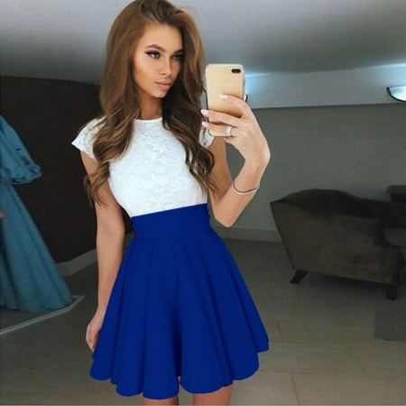 TIANEK Dress for Women Sleeveless Solid Color Mini Babydoll Dress Patchwork Lace Sexy Short Junior Dresses