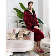Lotus Linen Plush Hooded Robe for Men - Soft Fleece Bathrobe, Burgundy Black M/L