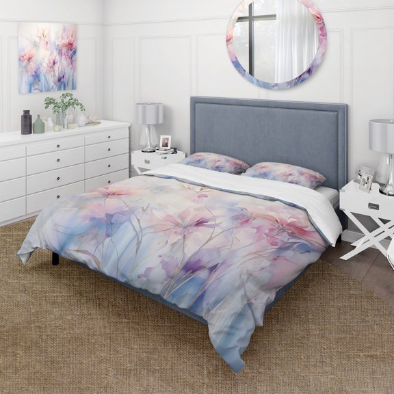 Designart "Purple Dreamy Flowers II" Abstract Botanicals Bedding Covert Set - Modern Purple Abstract Bed Set With 2 Shams