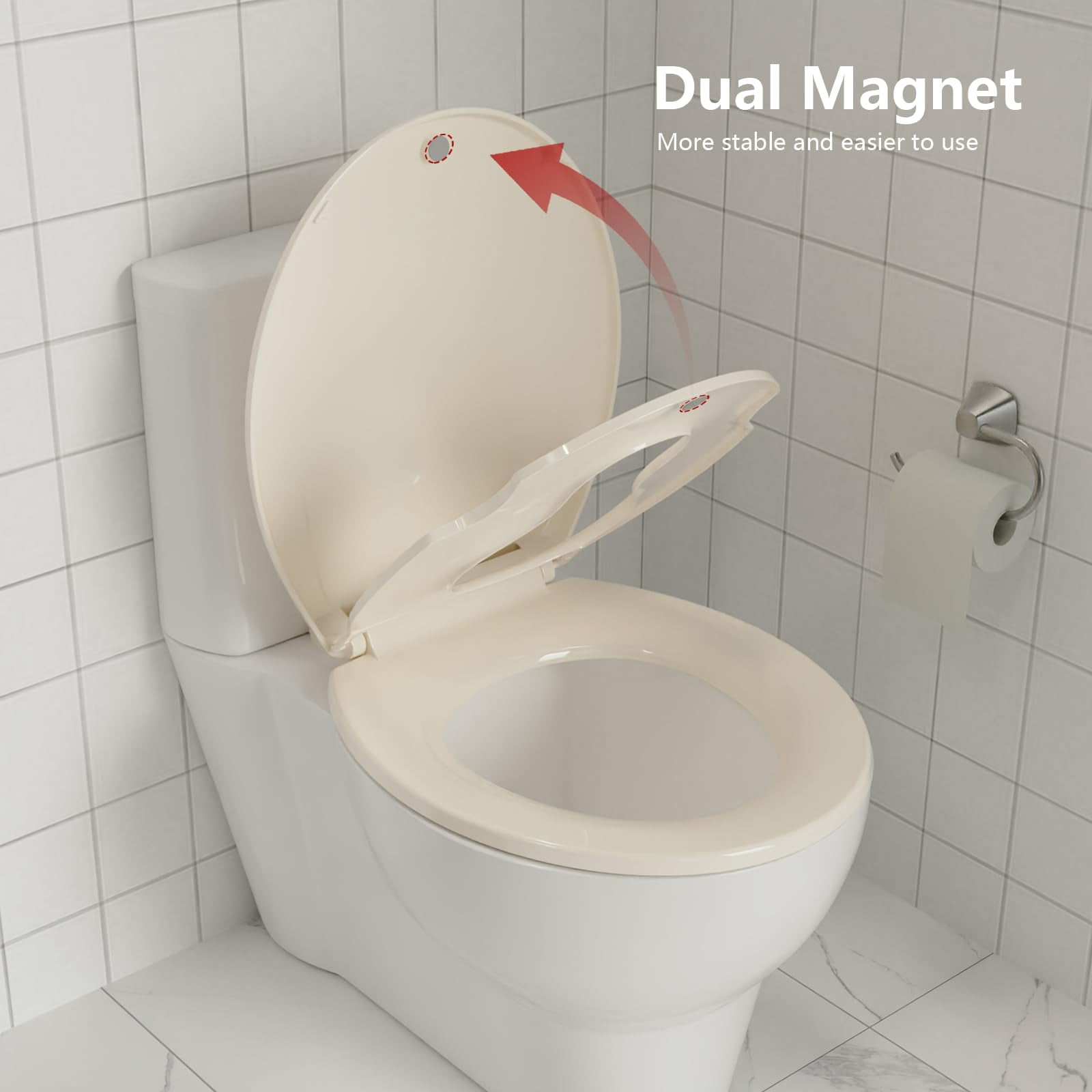 Round Toilet Seat for Adults and Toddlers, Family Toilet Seat with Built In Potty Training Seat, Plastic Toilet Seat with Cover, Slow Close, Easy to Install and Clean, Almond